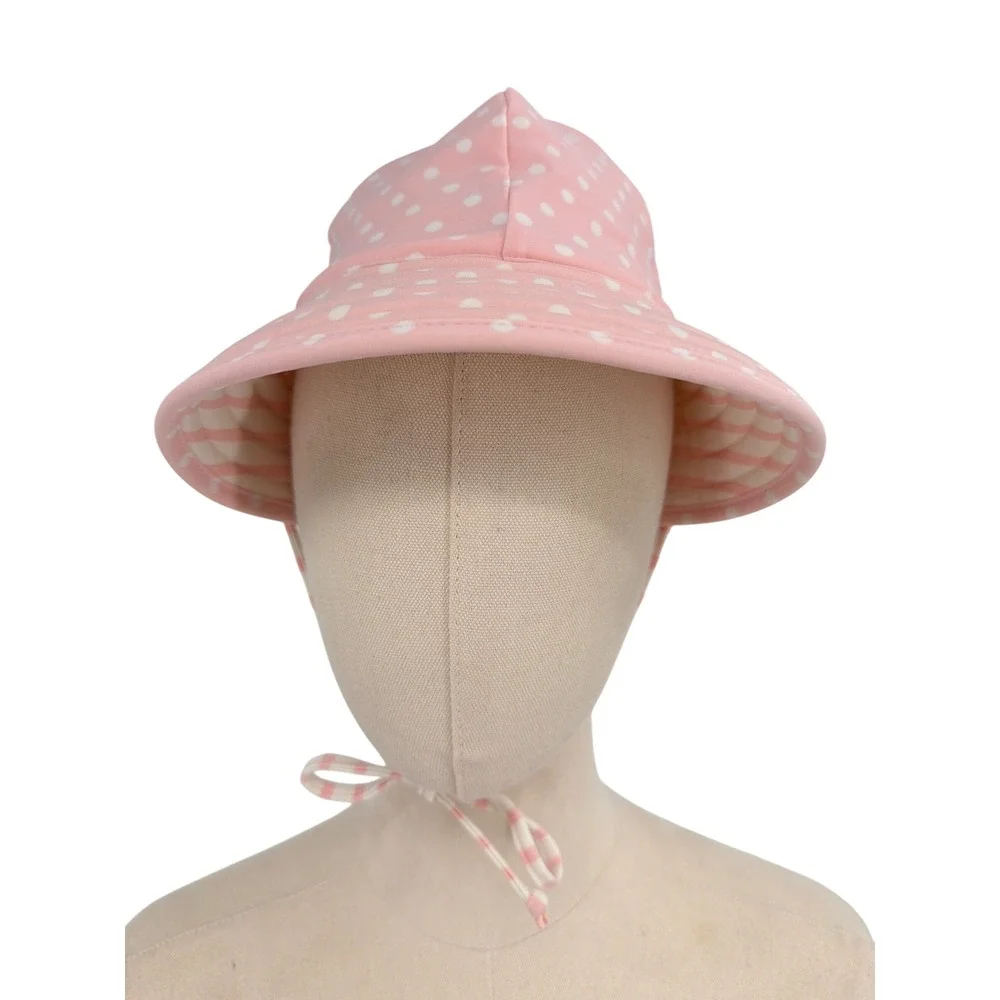 RuffleButts‎ Reversible Pink Polka Dot Stripe Sun Hat Kids Bucket Hat with Strap